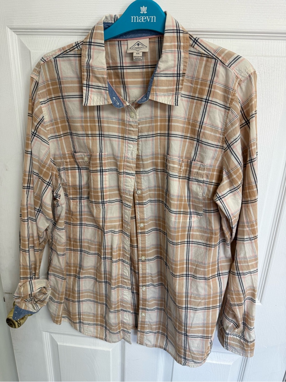 St. John's Bay Men's Tan and White Plaid Button-Down Shirt